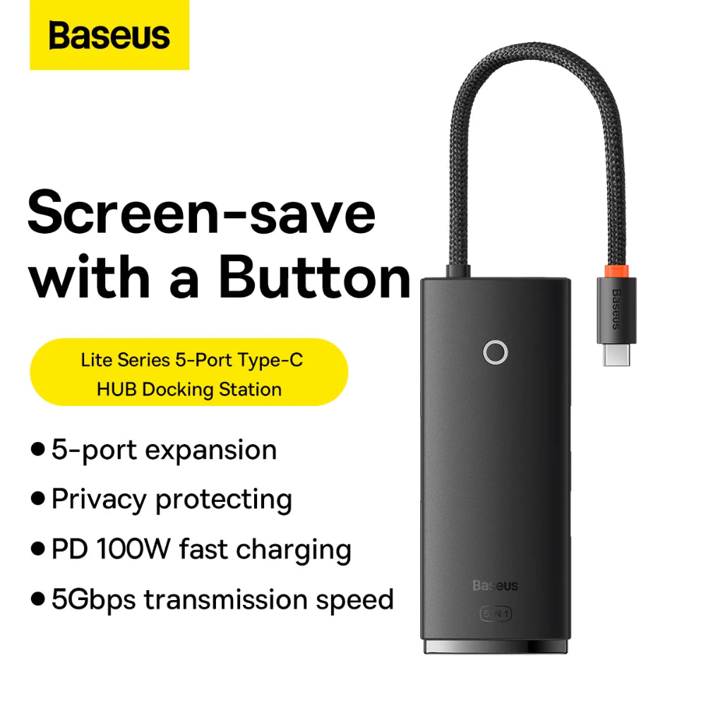 Baseus Lite Series | 5-in-1 Type-C Hub (HDMI + USB3.0 ×3 + Type-C PD, Black)