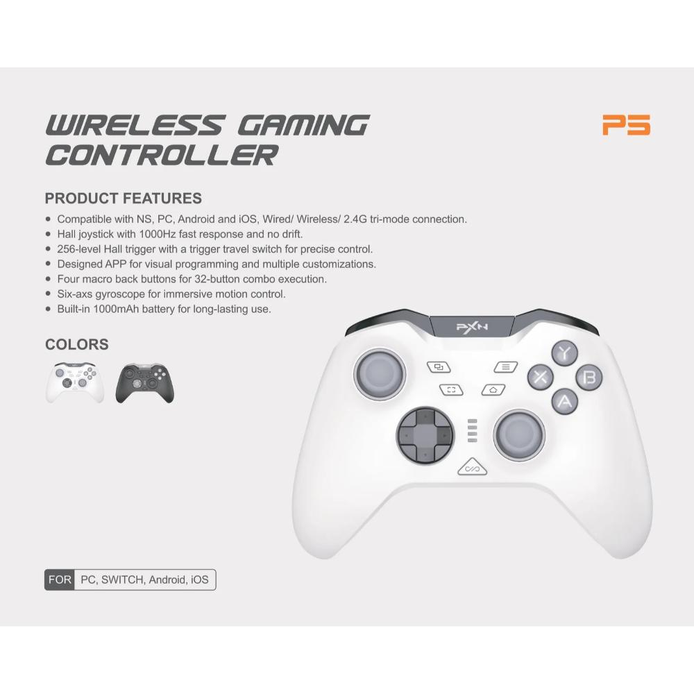 PXN P5 | Wireless PC Gaming Controller – 2.4G/BT/Switch Mode (Black/White)