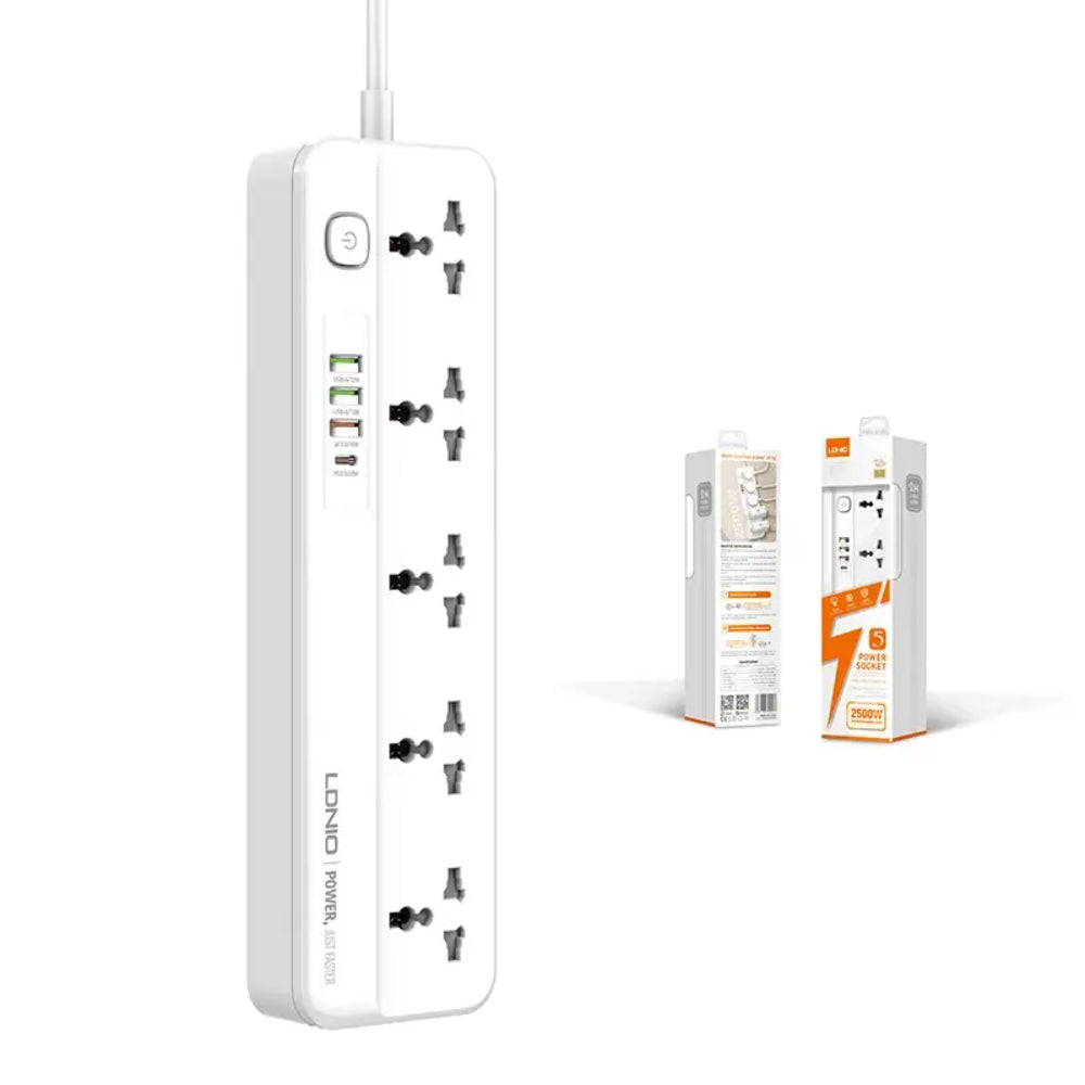 LDNIO SC5415 | 5 AC Outlets Universal Power Strip, 4 USB Ports (PD + QC3.0), 20W Fast Charging, 2500W Output