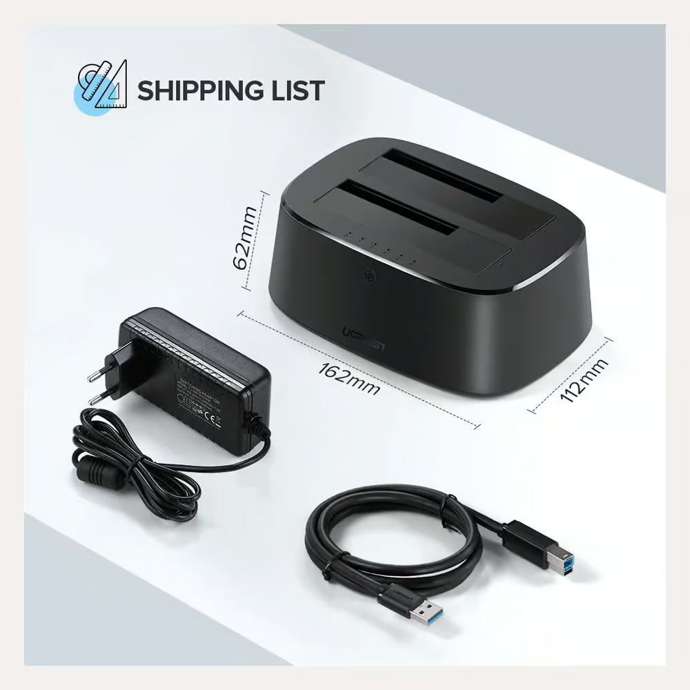 UGREEN 60737 | USB 3.0 to SATA Dual-Bay HDD Docking Station | 2.5"/3.5" HDD/SSD | UASP Support | Offline Clone | 5Gbps | Black | Free Shipping