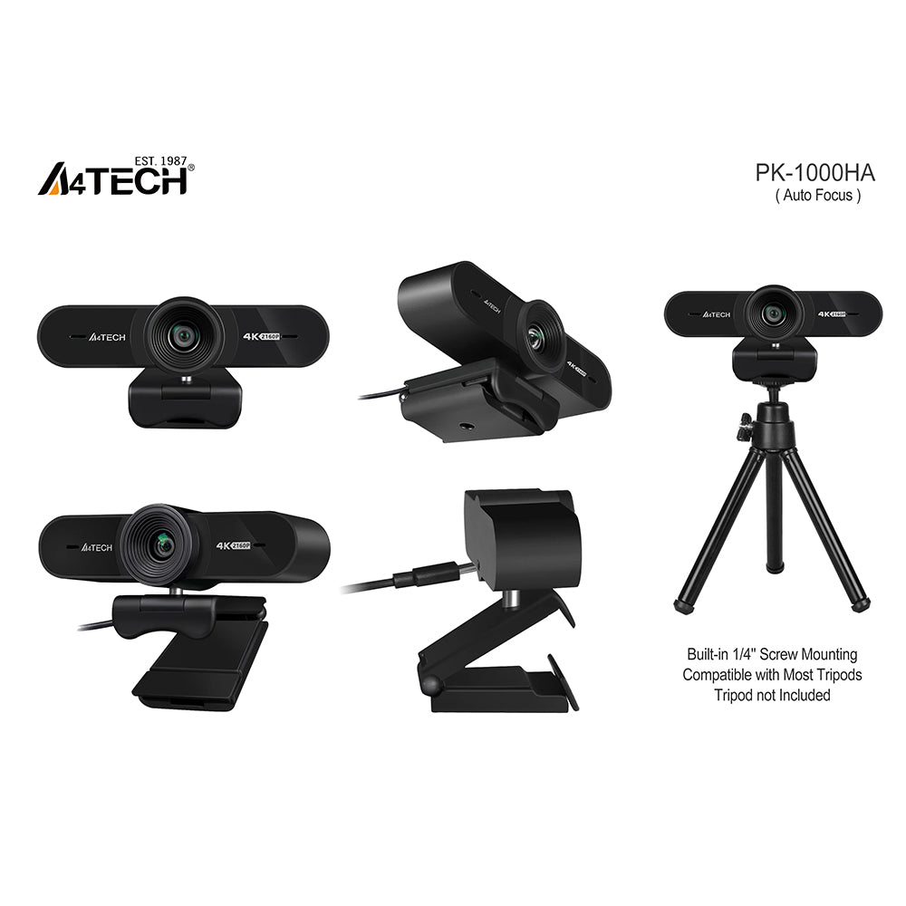 A4Tech PK-1000HA | UHD 4K Pro AF Webcam | Auto Focus, 2160p | Dual Mic, 95° Wide Angle | Black