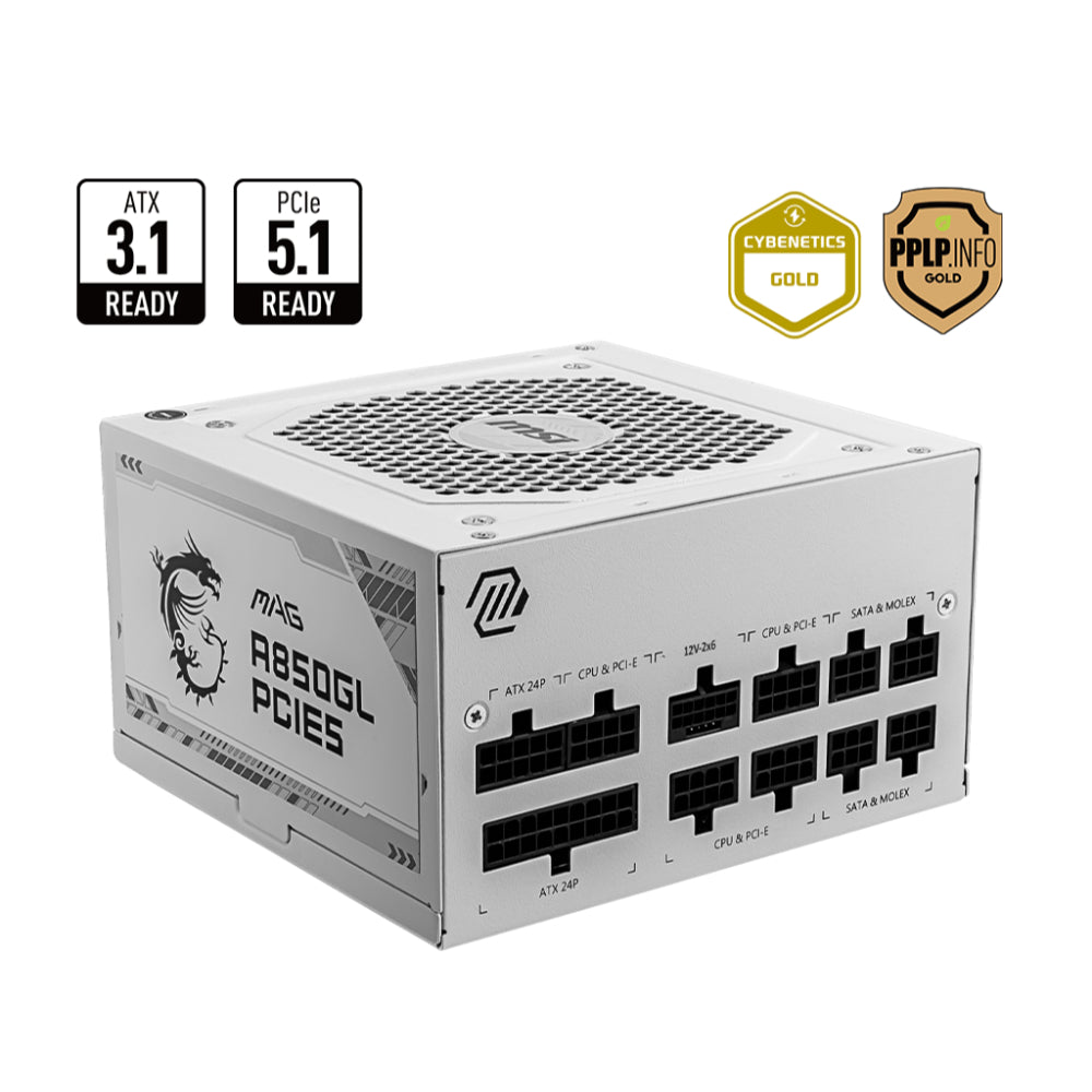 MSI MAG A850GL PCIE5 850W Power Supply | Black & White | ATX 3.1, PCIe 5.1, 80 PLUS Gold Certification, and Fully Modular Design