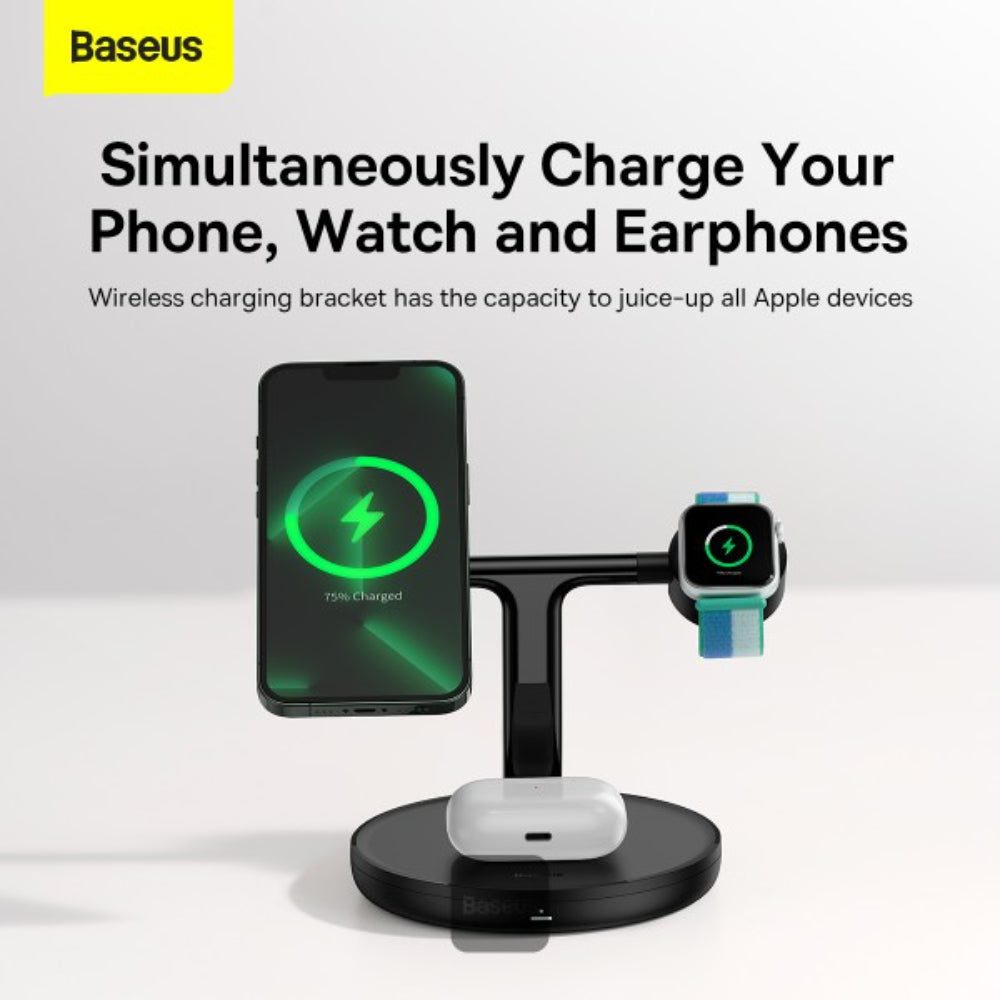 Baseus Swan Series | 3-in-1 Wireless Magnetic Charging Bracket | 20W Max Output | Magnetic Alignment | Foldable Stand | USB-C Input | Black | Universal Version | For Phones, AirPods, Smartwatches