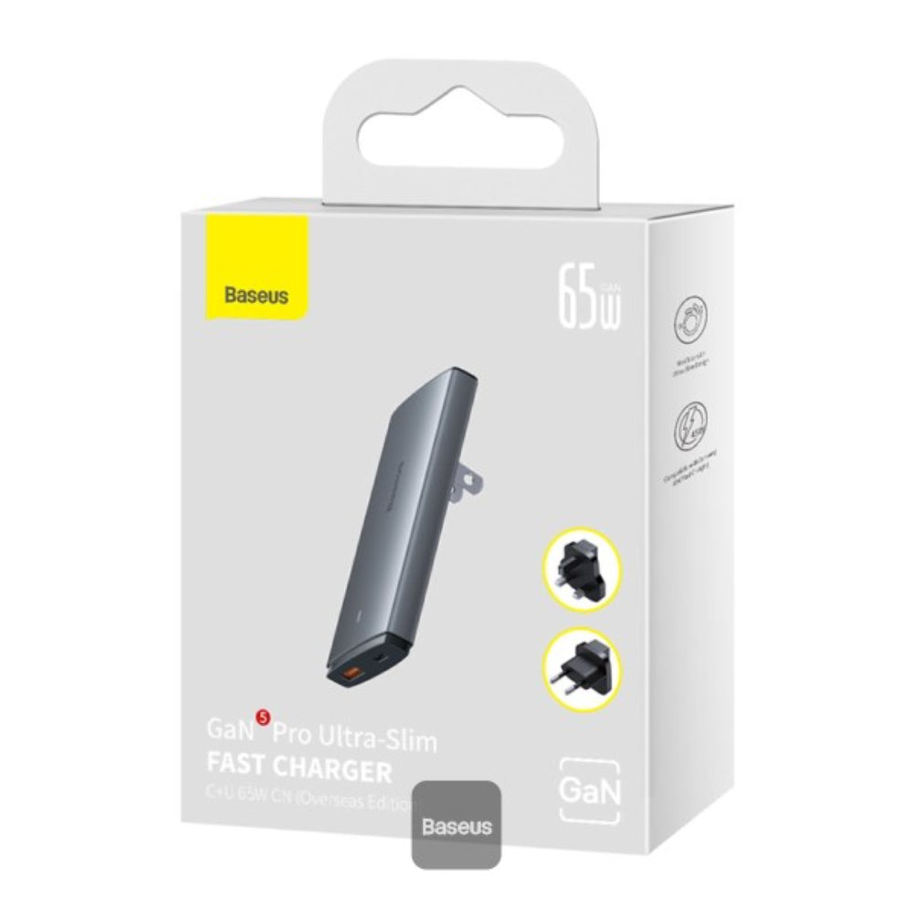 Baseus GaN5 Pro Series | Ultra-Slim Fast Charger | USB-C PD + USB-A QC | 65W Total Output | GaN5 Pro Technology | Universal Plug Set | Compact Travel Design | Black | For Laptops, Tablets, Phones, USB-C & USB-A Accessories