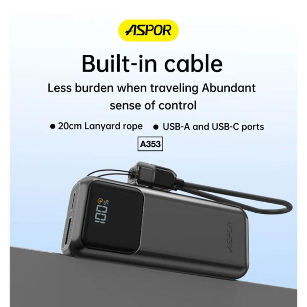 ASPOR A353 Mini Power Bank | 10000mAh | 20W PD + QC Fast Charging | LED Display | Compact Portable Charger