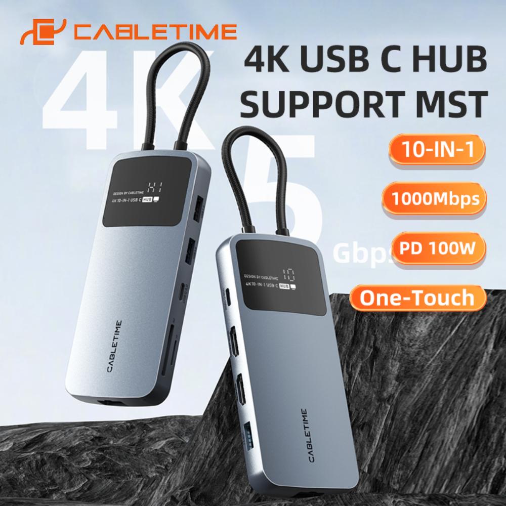CABLETIME CB83G | 10-in-1 USB-C Dual HDMI Docking Station | 4K 30Hz HDMI, 1000Mbps LAN, 100W PD | MacBook, Dell, HP, Lenovo, Surface