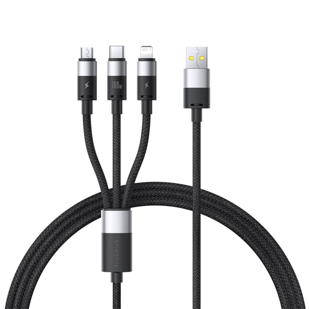 Baseus StarSpeed Series | 3-in-1 Fast Charging Cable | USB-A to Micro + Lightning + USB-C | 100W Max Output | 18W Lightning Cluster | Braided | Reinforced Connectors | 1.5 Meter | Black | For iPhone, Android, Bluetooth Accessories, Power Banks