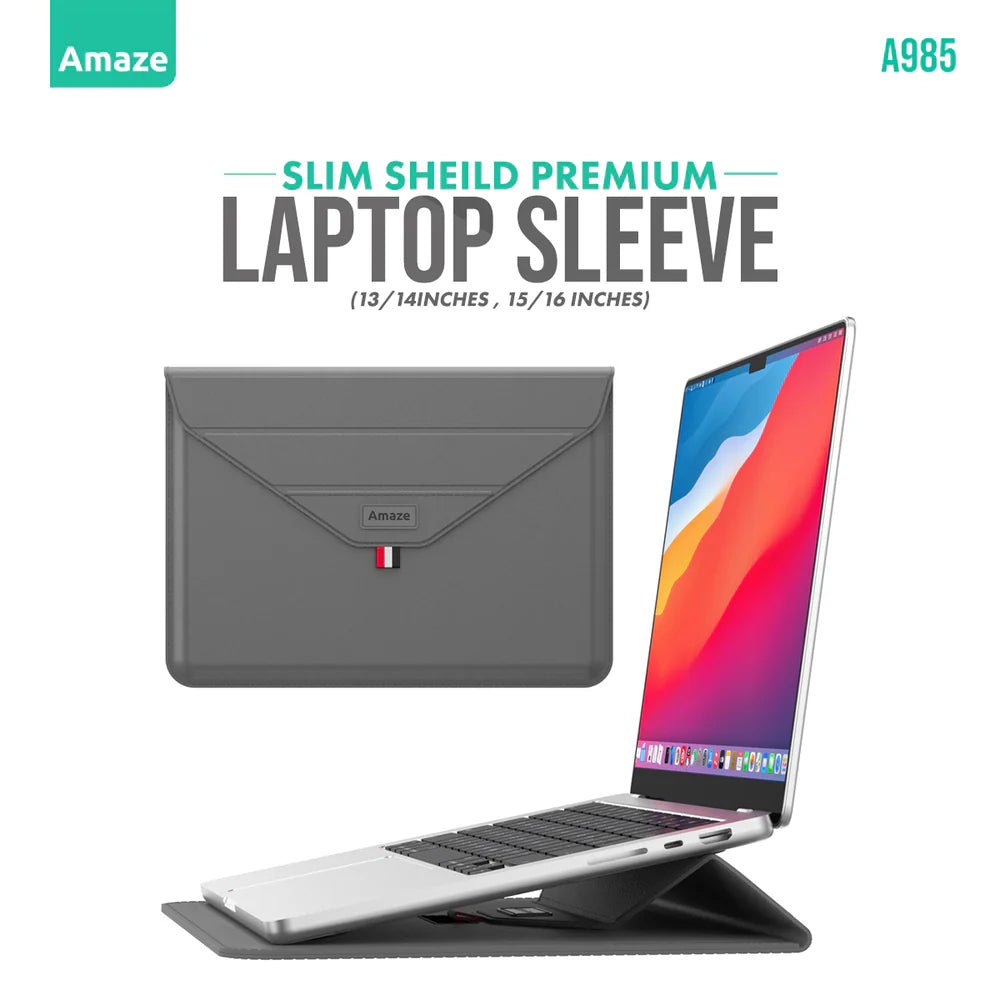 Amaze A985 Slim Shield Convertible Laptop Sleeve | For 13–14" MacBook & Laptops | Premium Fabric | Foldable Stand Function | Shock Absorption | Water-Resistant | 4 Colors