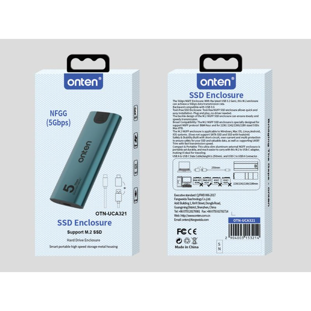 Onten | M.2 NGFF SSD External Enclosure | USB 3.0 Interface | 5Gbps Transfer Speed | SATA Protocol | Tool-Free Design | Aluminum Alloy | For Windows, macOS, Linux