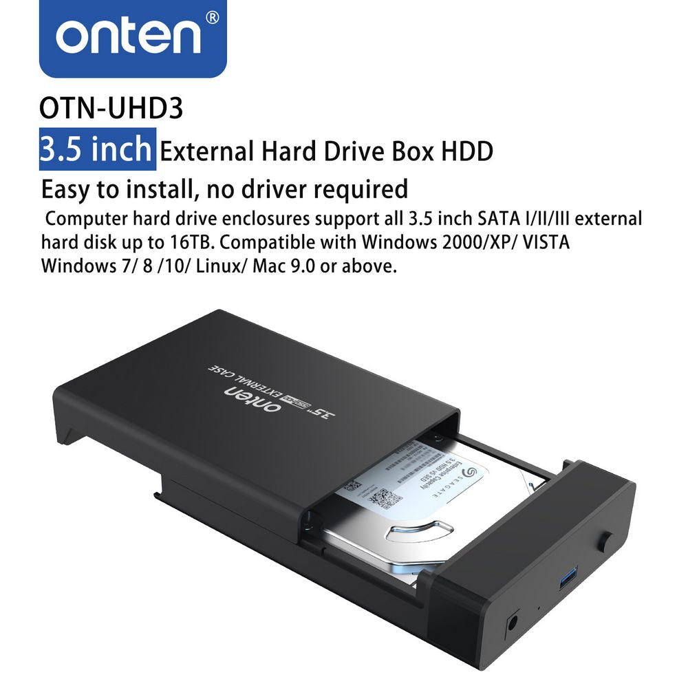 Onten | 3.5" SATA HDD External Enclosure | USB 3.0 Interface | Complimentary Data Cable & Power Adapter | Tool-Free Design | UASP Protocol | LED Indicator | For Windows, macOS, Linux