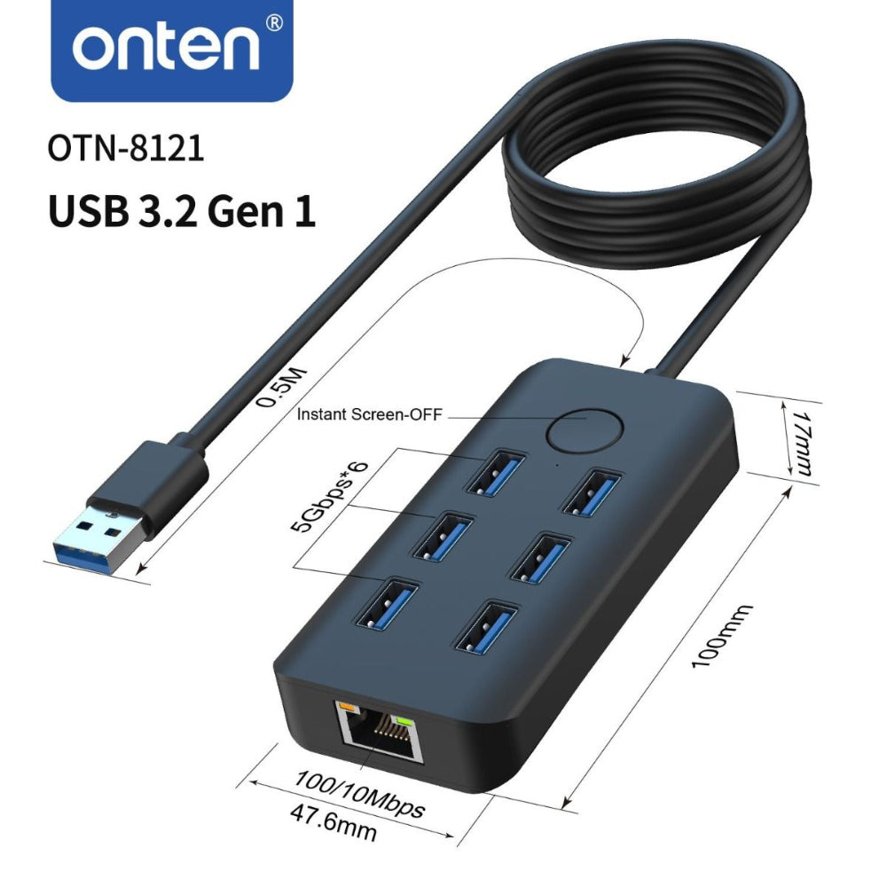 Onten OTN-8121 | USB 3.2 Gen 1 6-Port Hub with Gigabit LAN + Lock Screen Button | 5Gbps Transfer | 1000Mbps Ethernet | Plug & Play | For Laptops, PCs, Smart TVs, Consoles