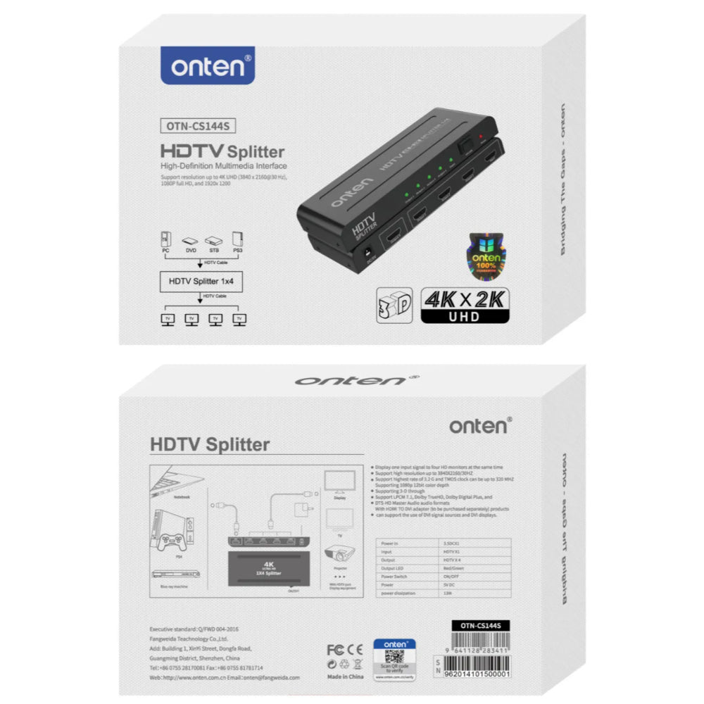 Onten CS144S | 1×4 HDMI Splitter | 4K@30Hz | HDMI 1.4 | HDCP 1.4 | Plug & Play | For TVs, Projectors, Monitors, Set-Top Boxes, Consoles, Laptops