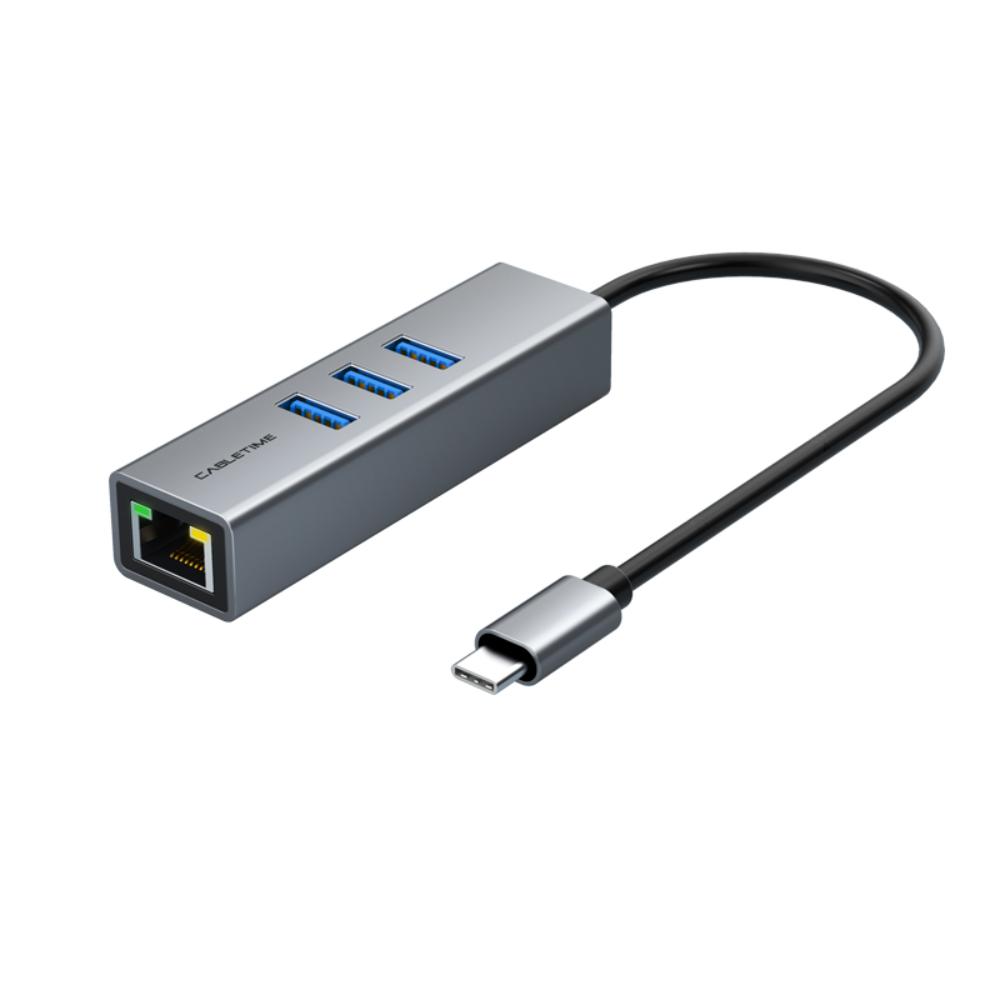 CABLETIME CB54G | USB-C 3-Port Hub with Gigabit LAN | 3× USB-A 3.0 5Gbps | 1000Mbps Ethernet | Aluminum Shell | Plug & Play