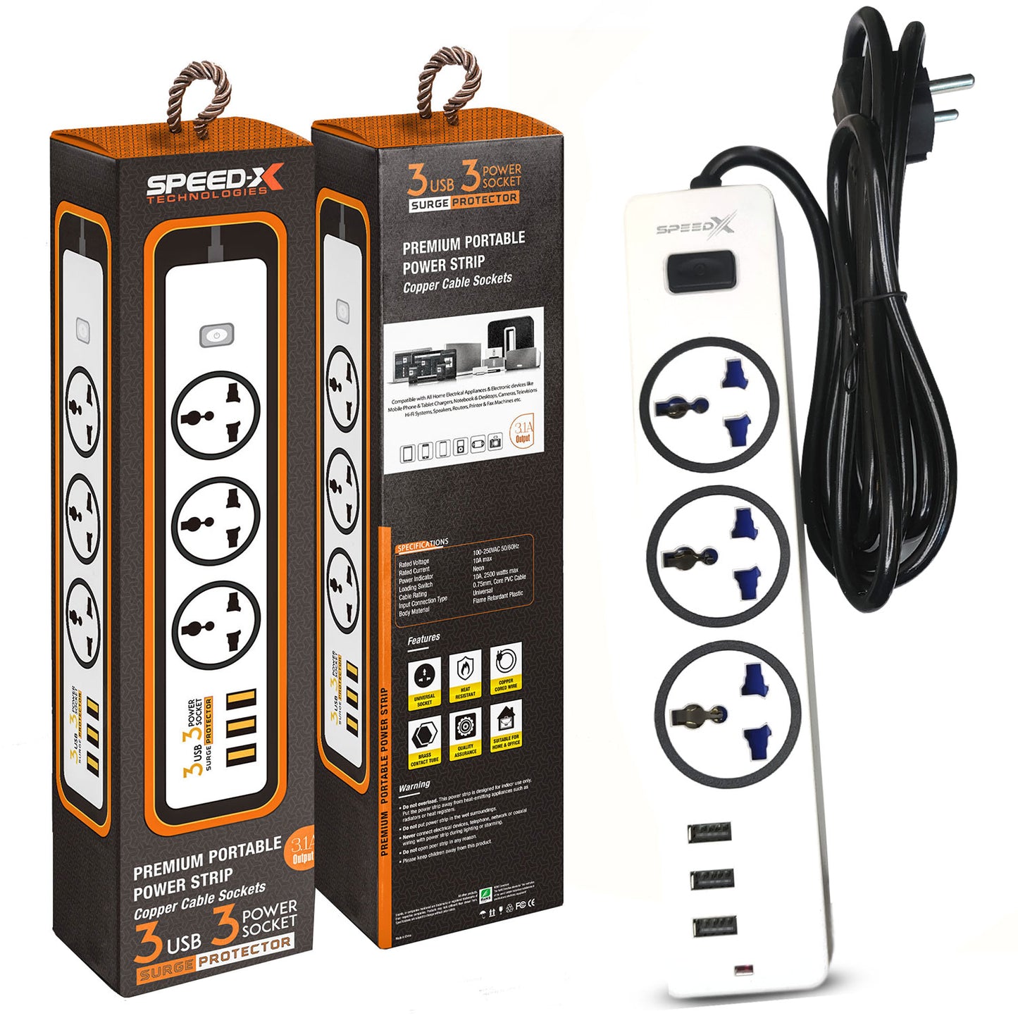 Speed-X 303PU | Premium Portable Power Strip | 3 Sockets + 3 USB Ports | 2M Cable