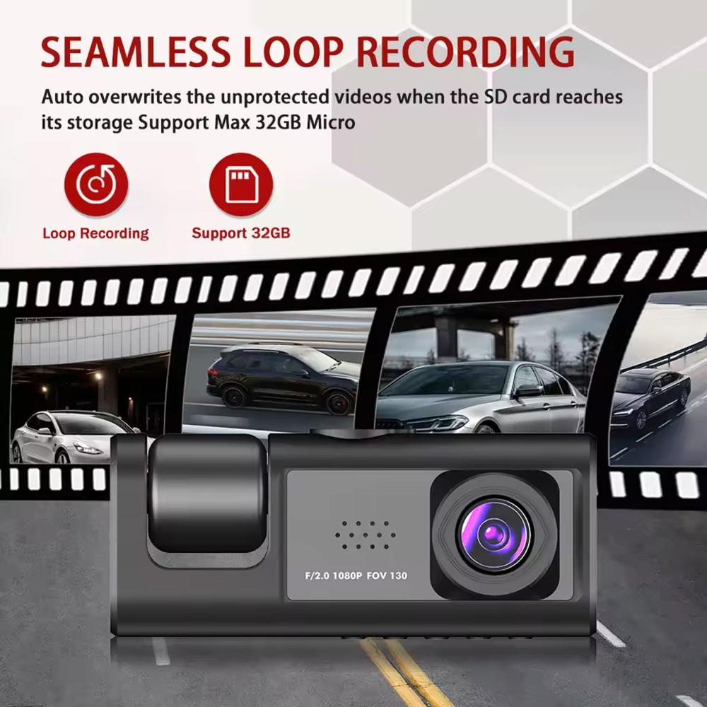 Y16 3 Channel Dash Cam | Full HD 1080P | 170° Wide-Angle | Front & Rear Recording