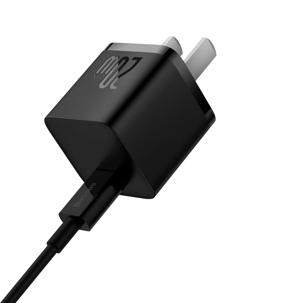 Baseus GaN5 Series | Mini Fast Charger + Cable Bundle | Single USB-C Port | 20W PD Output | GaN5 Technology | CN Plug | Includes USB-C to Lightning Cable | 1 Meter | Black | For iPhones, iPads, Lightning Accessories