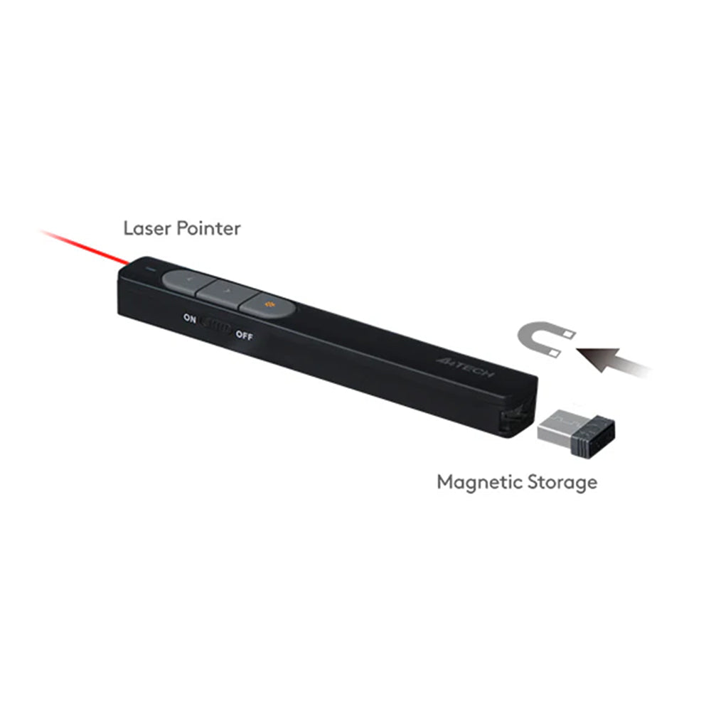 A4Tech LP15 | 2.4 GHz Wireless Laser Presenter Pen, 100 m Range, Magnetic USB Storage | Black