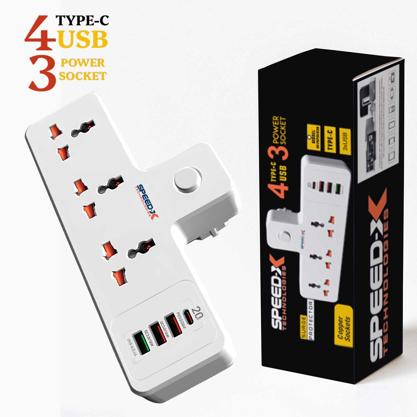 Speed-X 304PUC | Premium Portable Power Strip | 3 Sockets + 3 USB + 1 Type-C Port