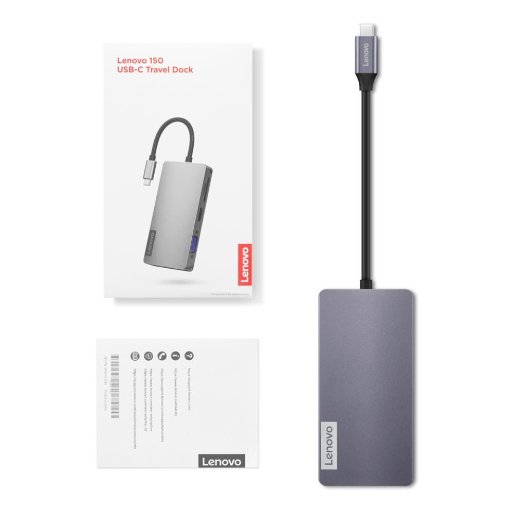 Lenovo 150 USB-C Travel Dock | 4K HDMI | VGA | Gigabit Ethernet | USB-A | USB-C Power Pass-Through | SD & TF Card Reader | 100W Charging