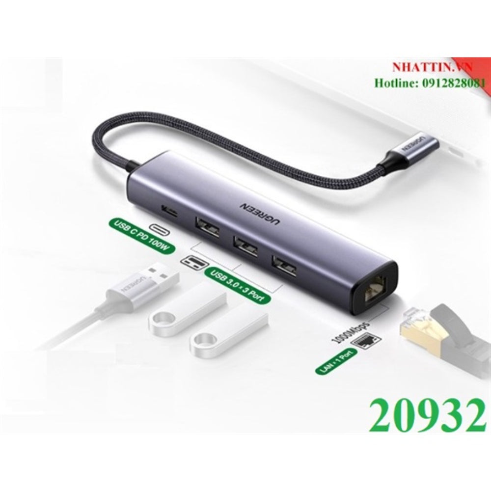 UGREEN 20932 | USB-C to Gigabit Ethernet Adapter | 10/100/1000Mbps | Plug & Play | Aluminum Alloy | For MacBook, Laptop, Tablet, PC