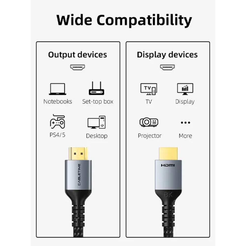 CABLETIME CH11 | 8K HDMI 2.1 Cable 48Gbps Braided | Ultra High Speed | 8K@60Hz, 4K@120Hz | Gold-Plated Connectors
