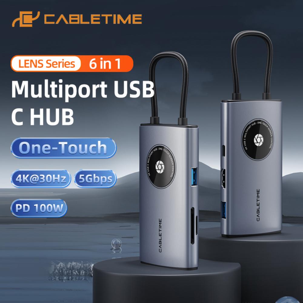CABLETIME CB93G | 6-in-1 USB-C Multiport Travel Hub | 4K HDMI | 2× USB-A 3.0 5Gbps | SD/TF Reader 104Mbps | USB-C PD 100W | Aluminum + Braided Cable