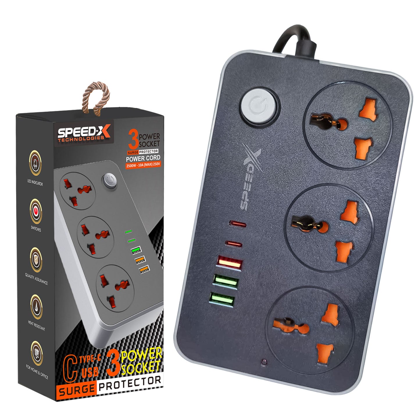 Speed-X 603PU | Universal Travel Power Socket | 3 Sockets + 3 USB + 2 Type-C Ports | 2M Cable