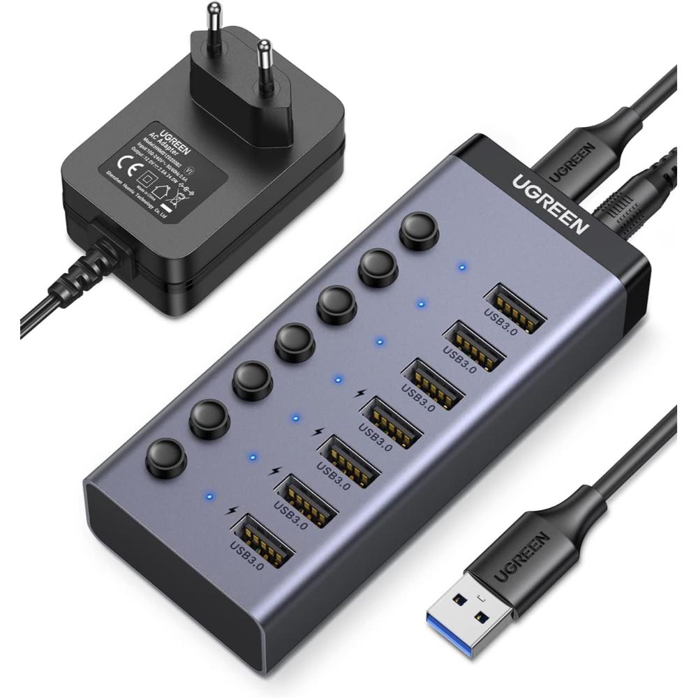 UGREEN 90307 7-Port USB 3.0 Hub | 5Gbps | Smart Charging | Individual Switches | 12V/2A Powered | Aluminum Alloy | 1.5M Cable