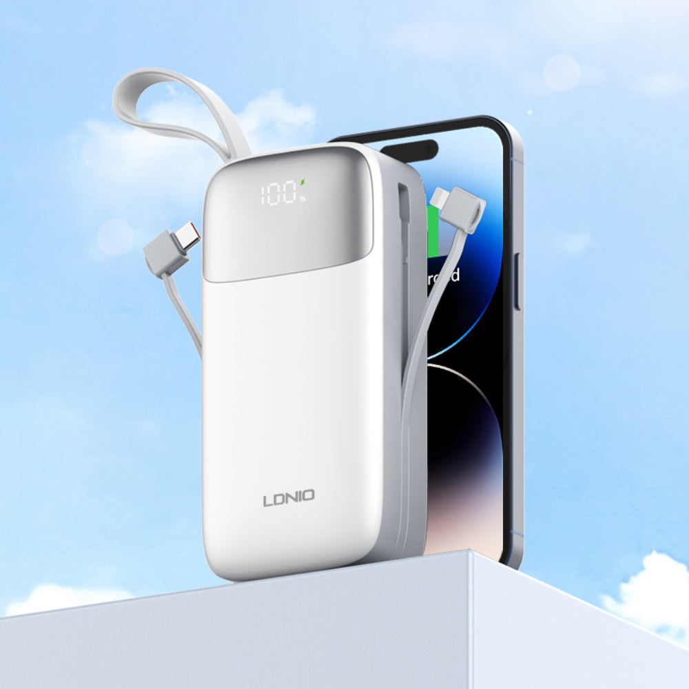 LDNIO PQ30 | 30000mAh Power Bank, 22.5W Fast Charging, Built-in USB-C & Lightning Cables, LED Display
