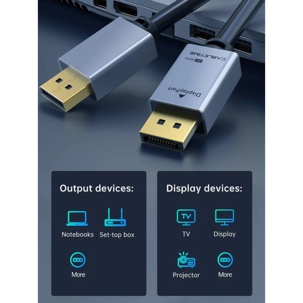 CABLETIME CD20H DisplayPort to DisplayPort 1.2 Cable | 4K 60Hz UHD, Gold-Plated Connectors, 1m Length