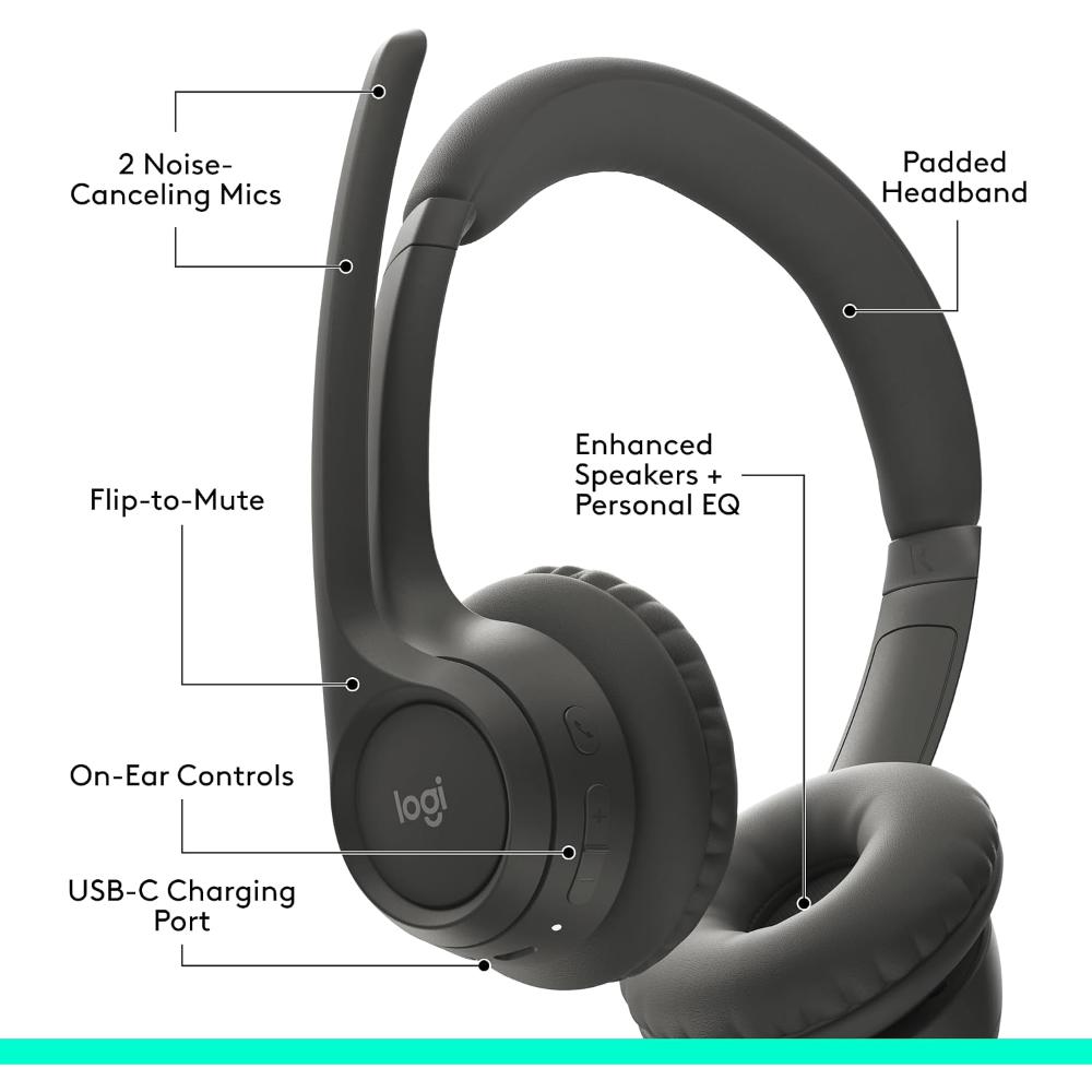Logitech Zone 300 Wireless Headset | Bluetooth 5.3 | 30mm Drivers | Dual Noise-Canceling Mics | Up to 20 Hours Battery | 30m Wireless Range | USB-C Charging