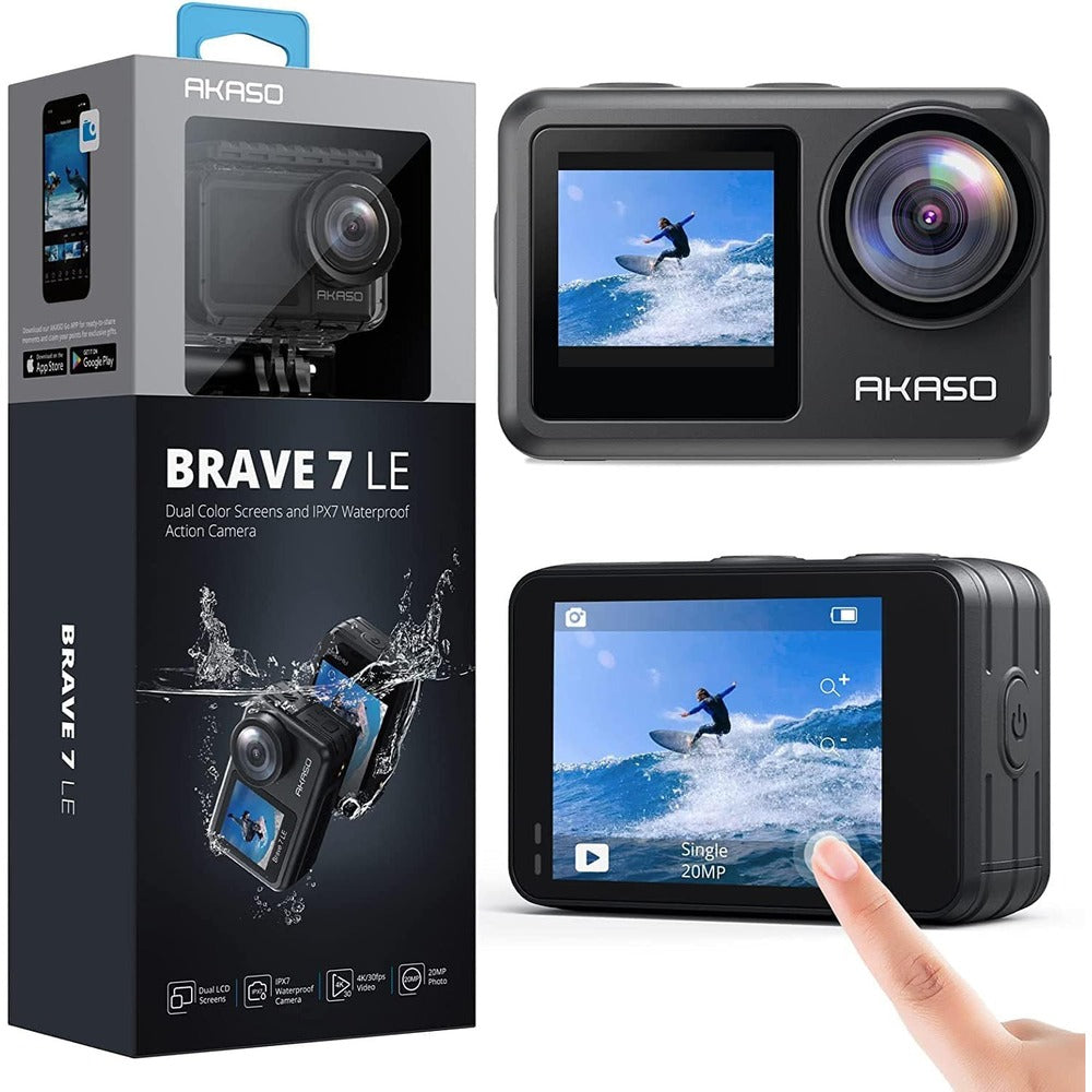 AKASO Brave 7 LE | 4K 30FPS, 20MP Action Camera, Dual-Screen, EIS 2.0, Remote Control, Waterproof 131FT, WiFi, 2x Batteries