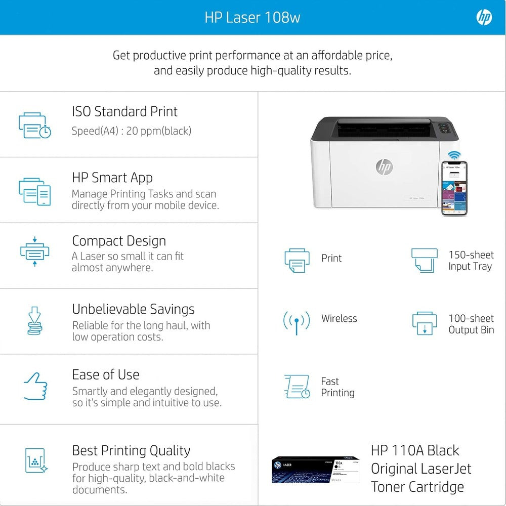 HP Laser 108w | Wireless Monochrome Laser Printer | 21 ppm, USB & Wi-Fi Direct