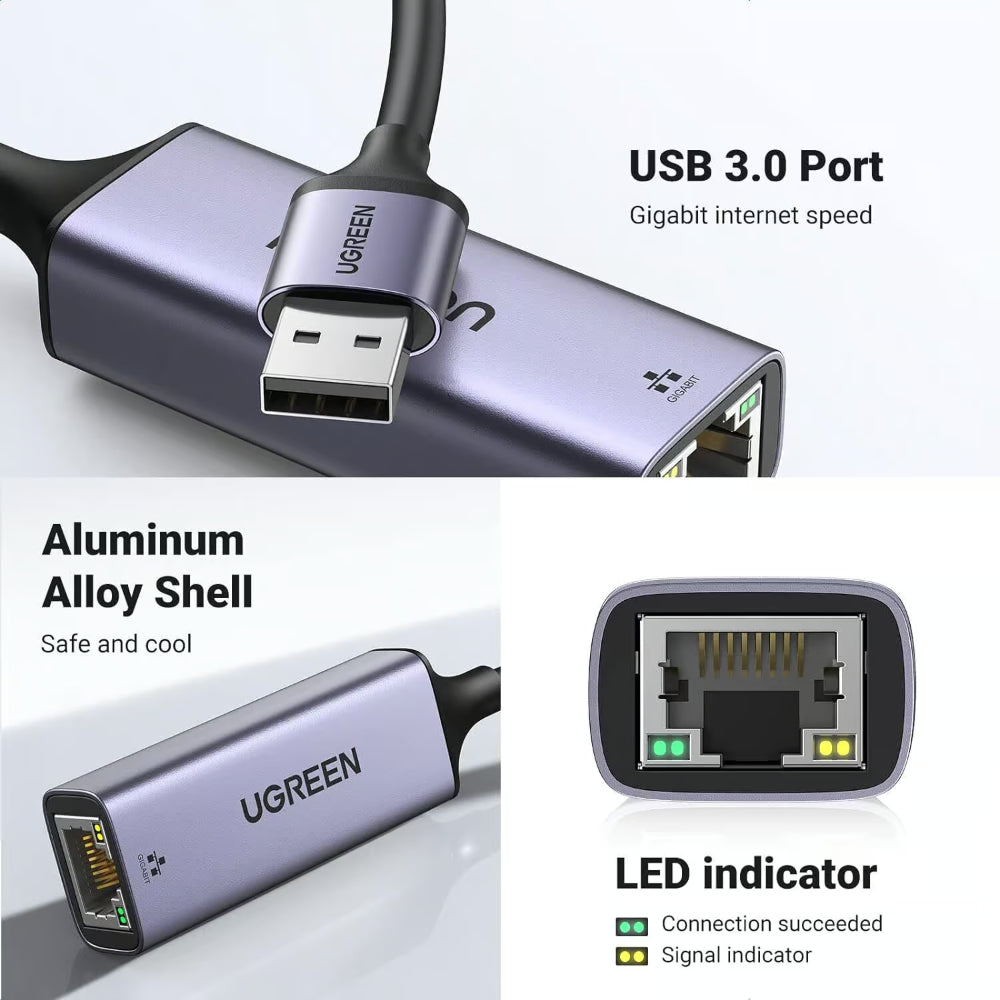 UGREEN 50922 | USB 3.0 to Gigabit Ethernet Adapter | 10/100/1000Mbps | Plug & Play | Aluminum Alloy | For Laptop, PC, MacBook, Surface, Chromebook