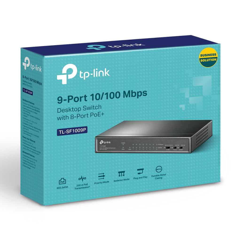 TP-Link TL-SF1009P 9-Port 10/100Mbps Desktop Switch with 8-Port PoE+ | Secure PoE Deployment with Extended Range and Traffic Control