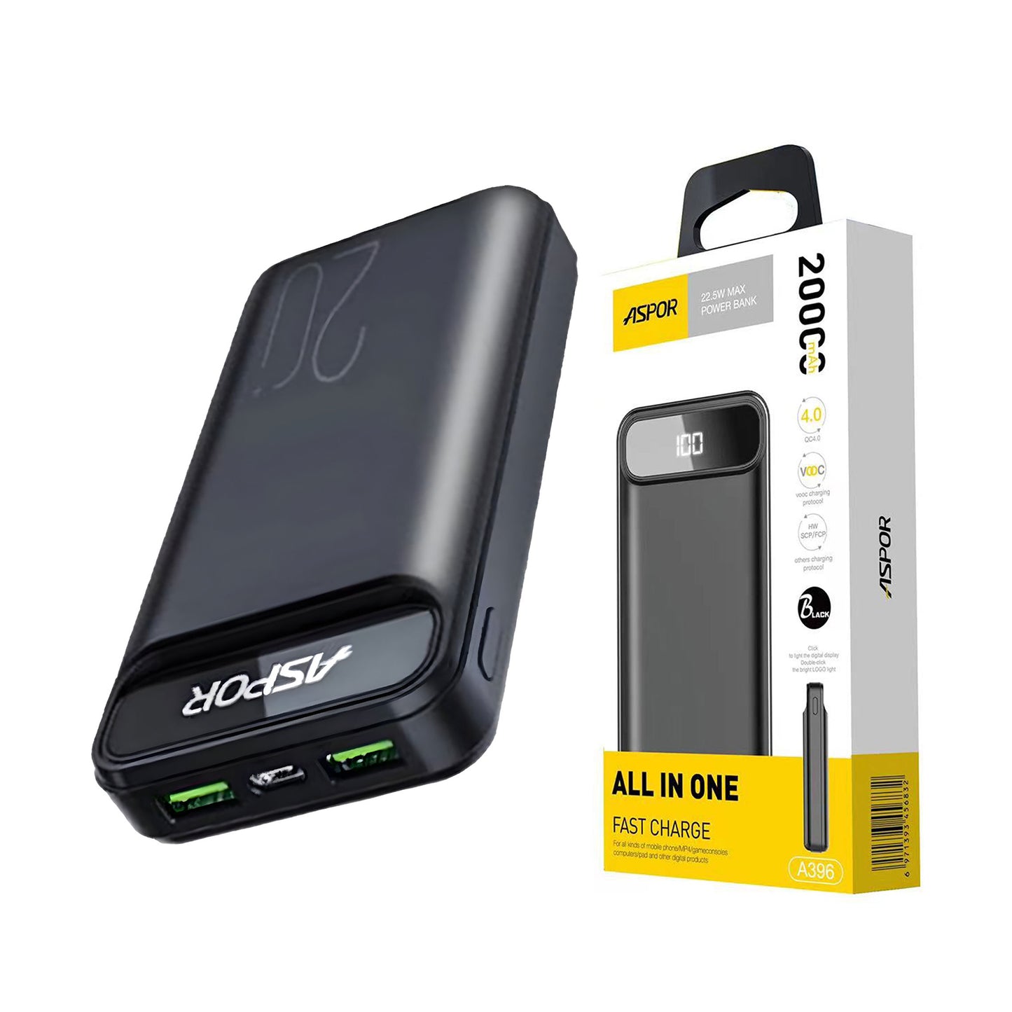 ASPOR A396 | 20000 mAh Power Bank | 22.5W Fast Charging, PD & Multiple Charging Protocols