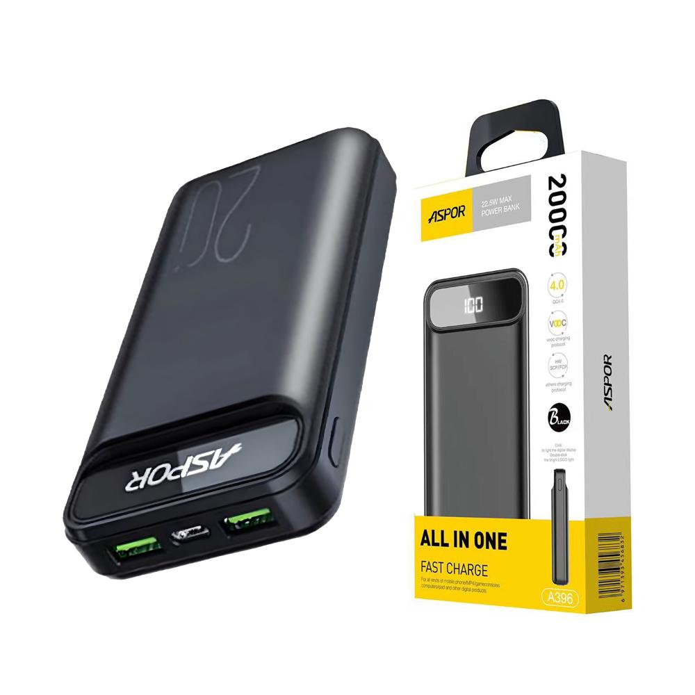 ASPOR A396 | 20000 mAh Power Bank | 22.5W Fast Charging, PD & Multiple Charging Protocols