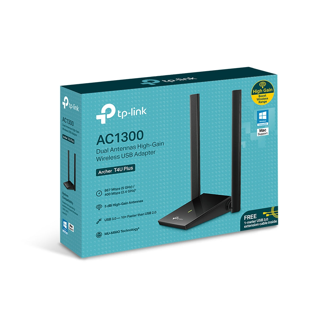TP-Link Archer T4U Plus AC1300 Dual Antennas High-Gain Wireless USB Adapter | Ultra-Fast Dual-Band Wi-Fi with MU-MIMO and Adjustable Antennas
