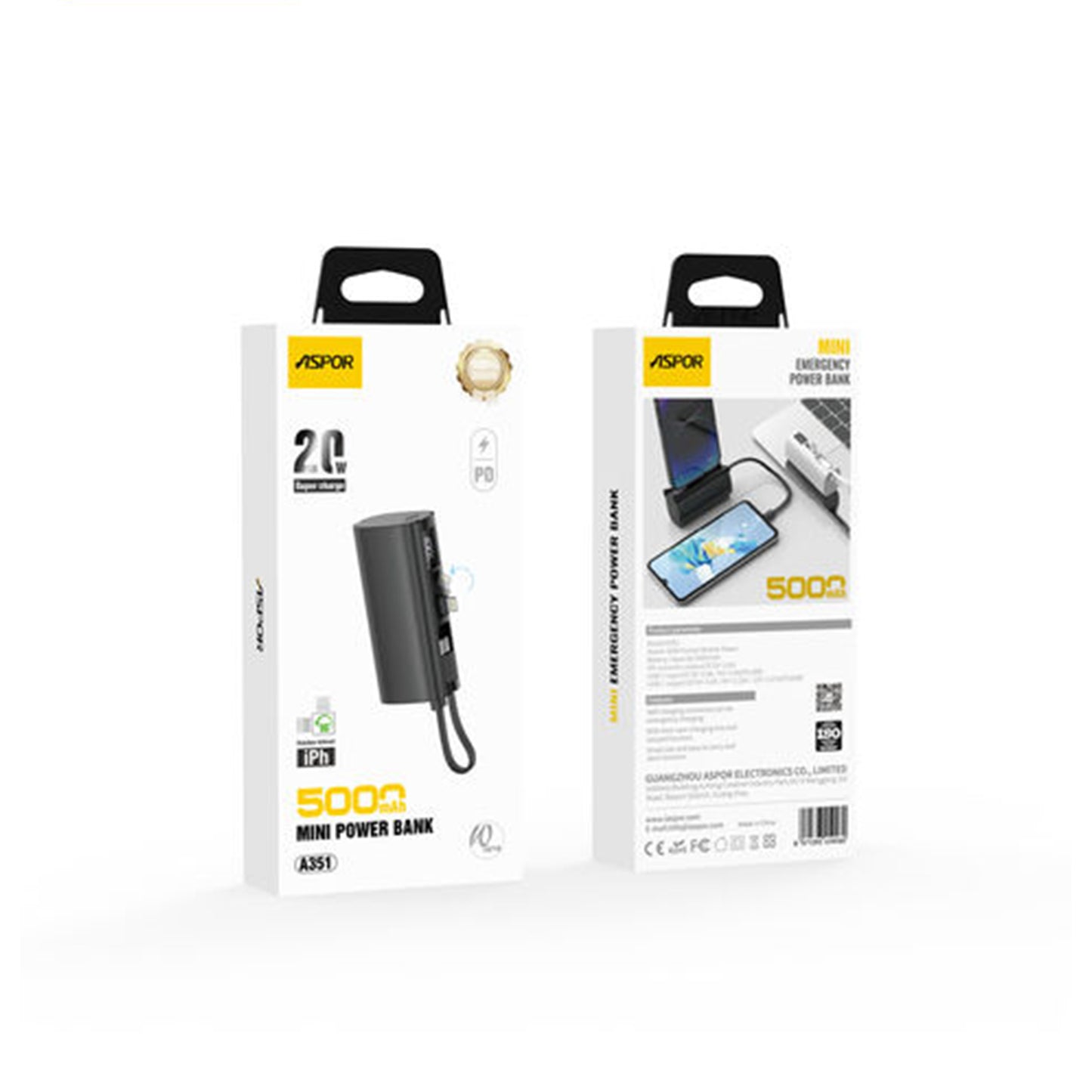 ASPOR A351 | 5000 mAh Mini Power Bank with Built‑in Lightning & USB‑C Cables, 20 W PD Fast Charge | 2‑in‑1 Pocket Charger