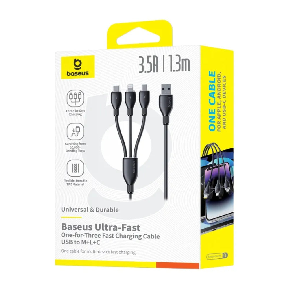 Baseus Ultra-Fast Series | 3-in-1 Fast Charging Cable | USB-A to Micro + Lightning + USB-C | 3.5A Max Output | Braided | Reinforced Connectors | 1.3 Meter | Cosmic Black | Model P10376303121-00 | For iPhone, Android, Bluetooth Accessories, Power Banks