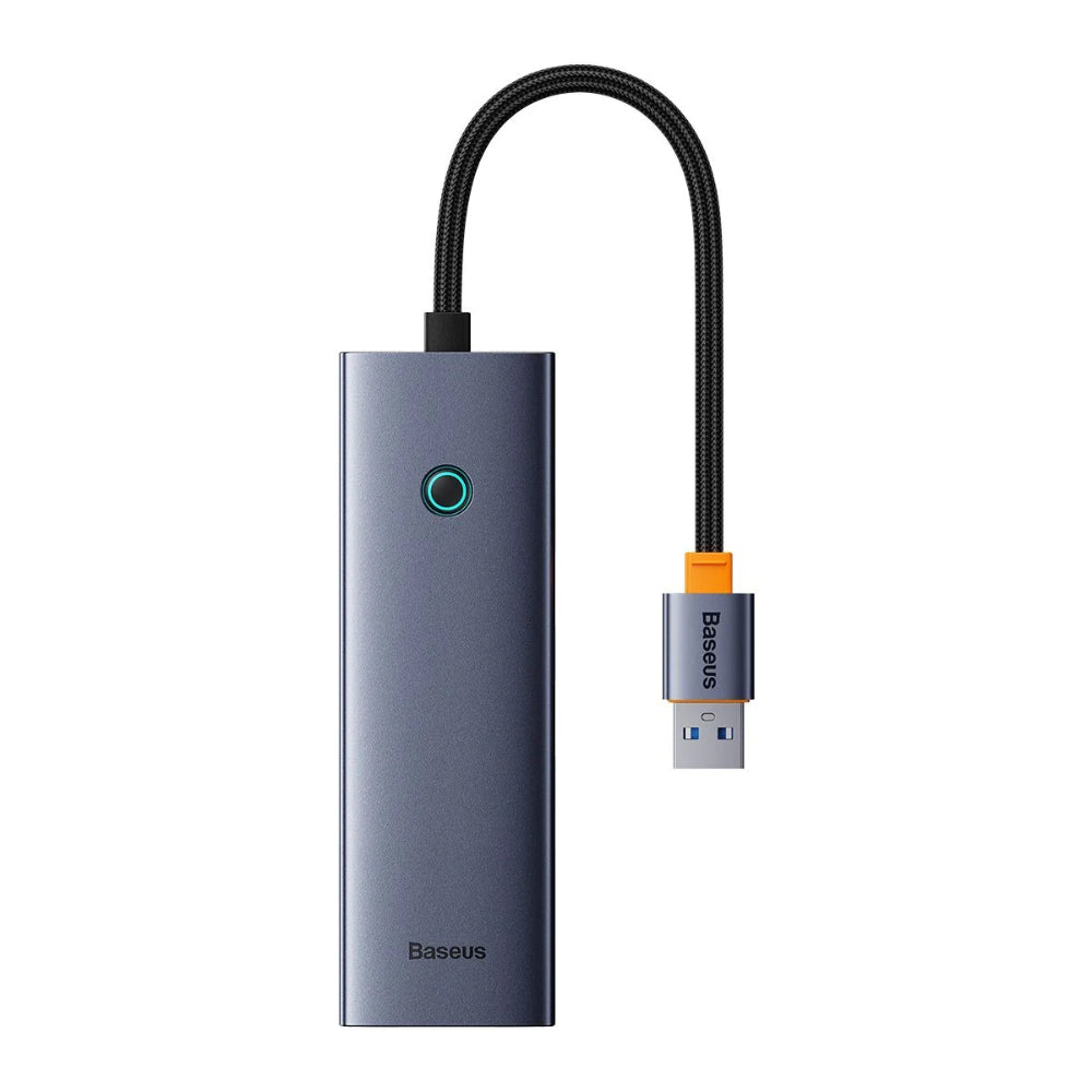 Baseus UltraJoy Series | 4-Port USB-A Expansion HUB | USB-A to 3 × USB 3.0 + RJ45 Ethernet + USB-C 5V Power Input | Gigabit LAN | Compact Design | Space Grey | Model B0005280B811-12 | For Laptops, Desktops, USB-A Devices
