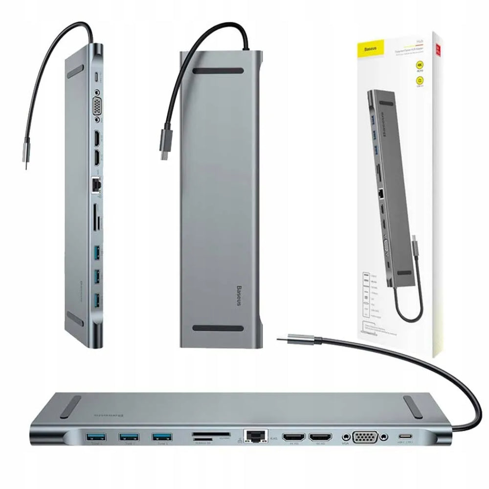 Baseus Enjoyment Series | 11-in-1 Intelligent HD HUB | USB-C Interface | 100W PD Input | 4K HDMI + VGA | RJ45 Gigabit Ethernet | SD/TF Card Readers | 3 × USB 3.0 + 2 × USB 2.0 | Audio Jack | Aluminum Alloy | Dark Gray
