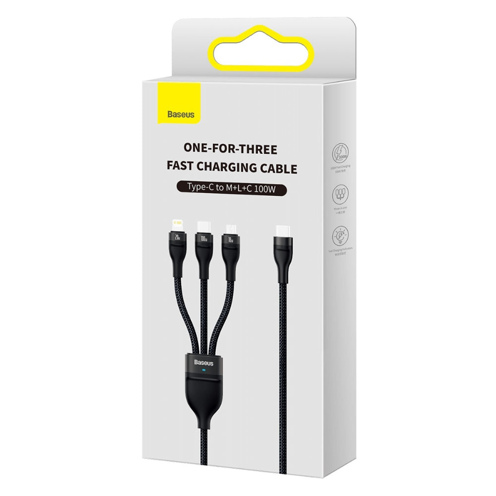 Baseus Flash Series II | 3-in-1 Fast Charging Cable | Type-C to Micro + Lightning + USB-C | 100W PD | 1.5 Meter | Black | For Android, iPhone, iPad, AirPods, Power Banks