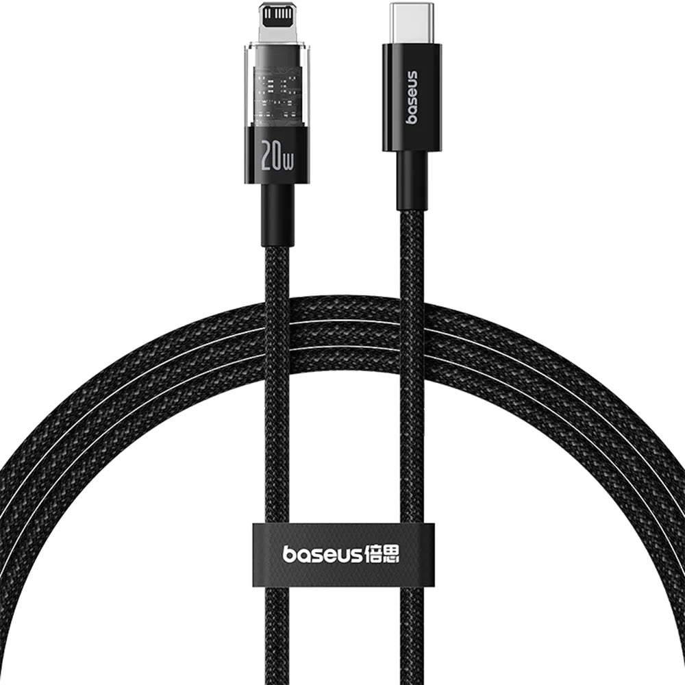 Baseus Gem Series | USB-C to Lightning Cable | 20W PD Fast Charging | Data Sync | Braided Nylon | Aluminum Alloy Connectors | 1 Meter | Black | For iPhones, iPads, Lightning Accessories