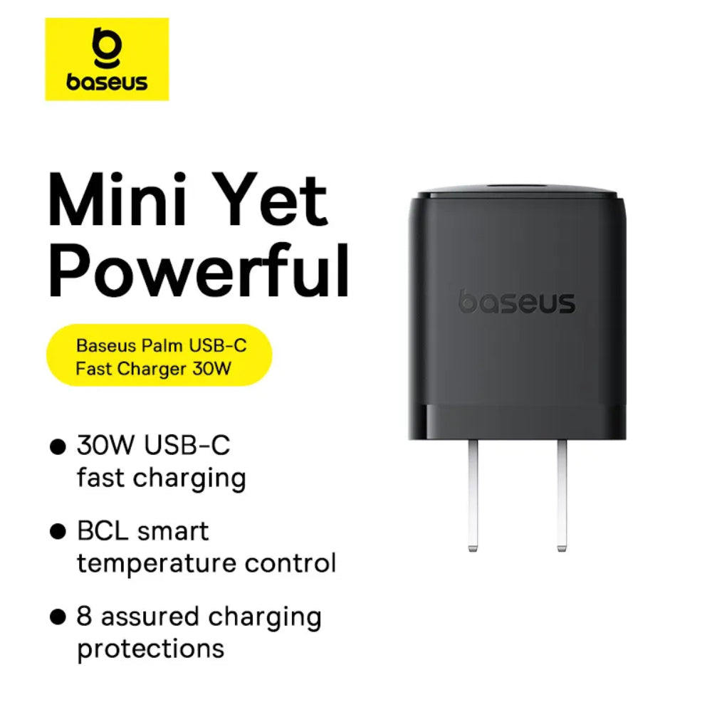 Baseus Palm Series | USB-C Fast Charger with Cable | 30W PD Output | Compact Design | US Plug | Includes USB-C to USB-C Cable | 60W (20V/3A) | 1 Meter | Black | For Phones, Tablets, USB-C Accessories