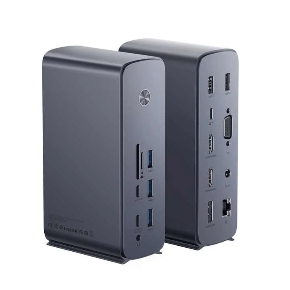 Baseus UnionJoy Pro Series | 17-Port Type-C HUB Docking Station | Quad-Screen Output | 100W PD Input | 4K HDMI ×3 + VGA | RJ45 Gigabit Ethernet | SD/TF Card Readers | USB-C Data + 5 × USB-A | USB-C PD | Audio Jack | DC Power Port