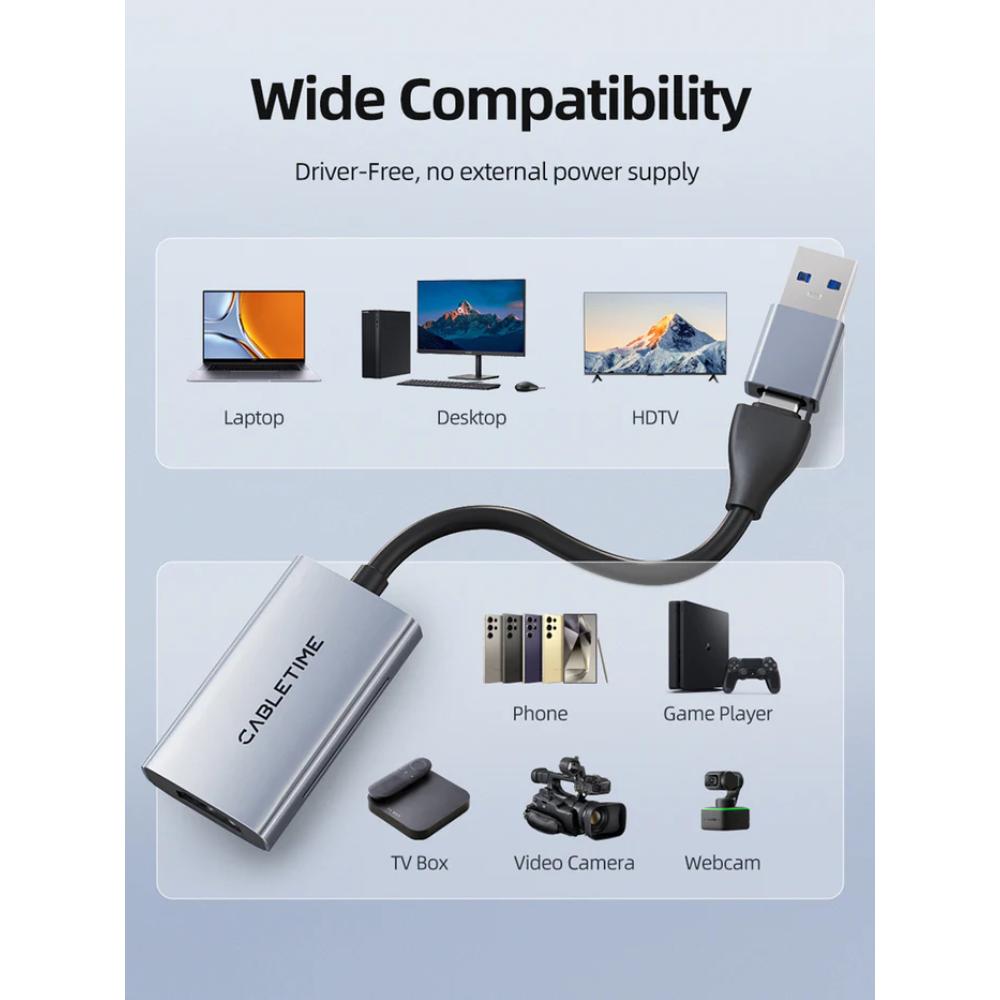 CABLETIME CB65G USB A+C to HDMI Video Capture Card | 1080P60Hz Output | 4K Input | Dual USB Interface | Aluminum Alloy Shell