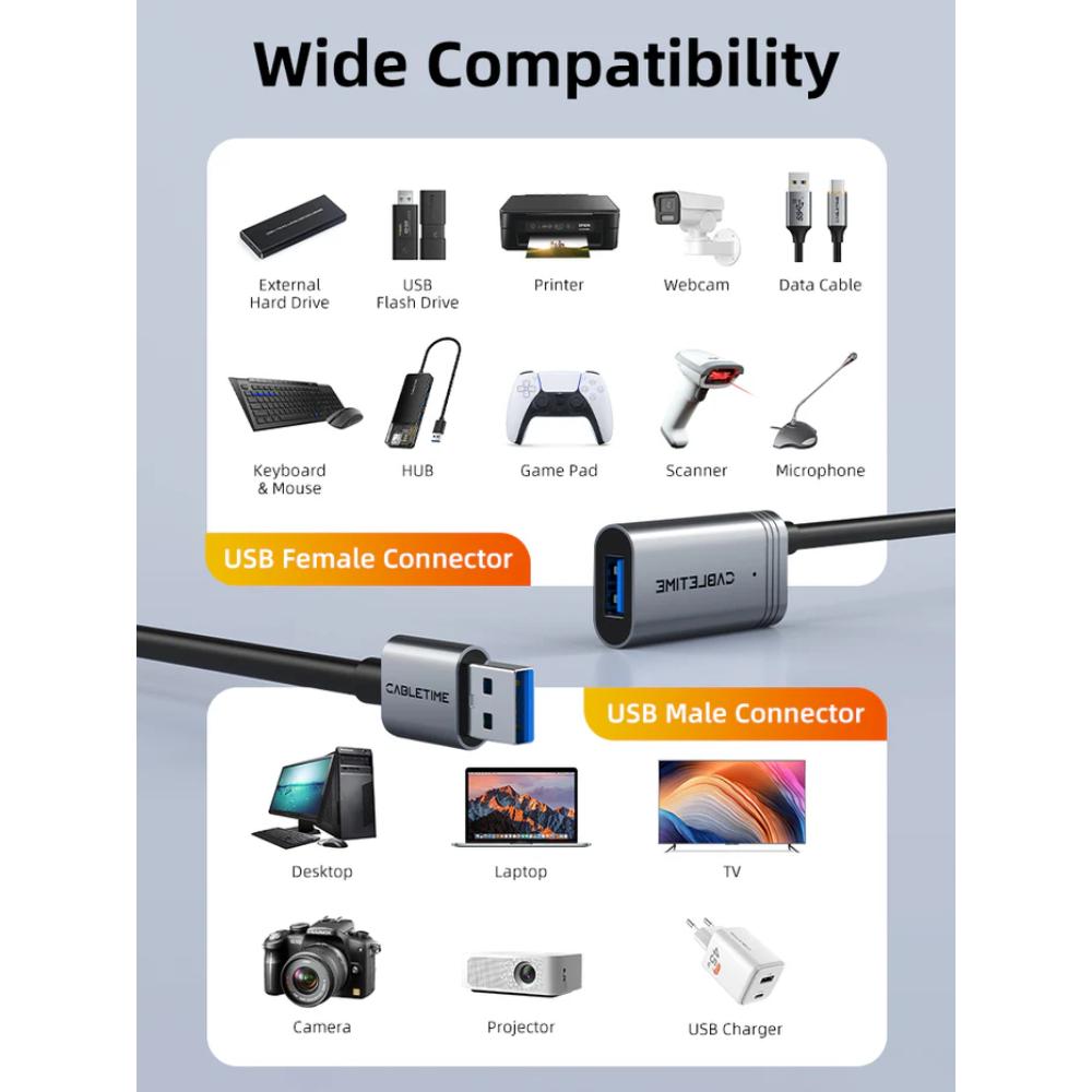 CABLETIME CA18 | USB 3.0 Active Extension Cable Male to Female (5m / 10m / 15m / 20m) with Amplifier