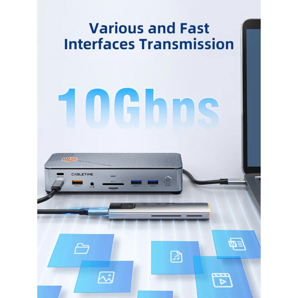 CABLETIME CB14G | 15-in-1 Universal USB-C Docking Station with Triple Display (2×HDMI + DisplayPort), 8K@30Hz, 100W PD, 10Gbps Data, Gigabit LAN