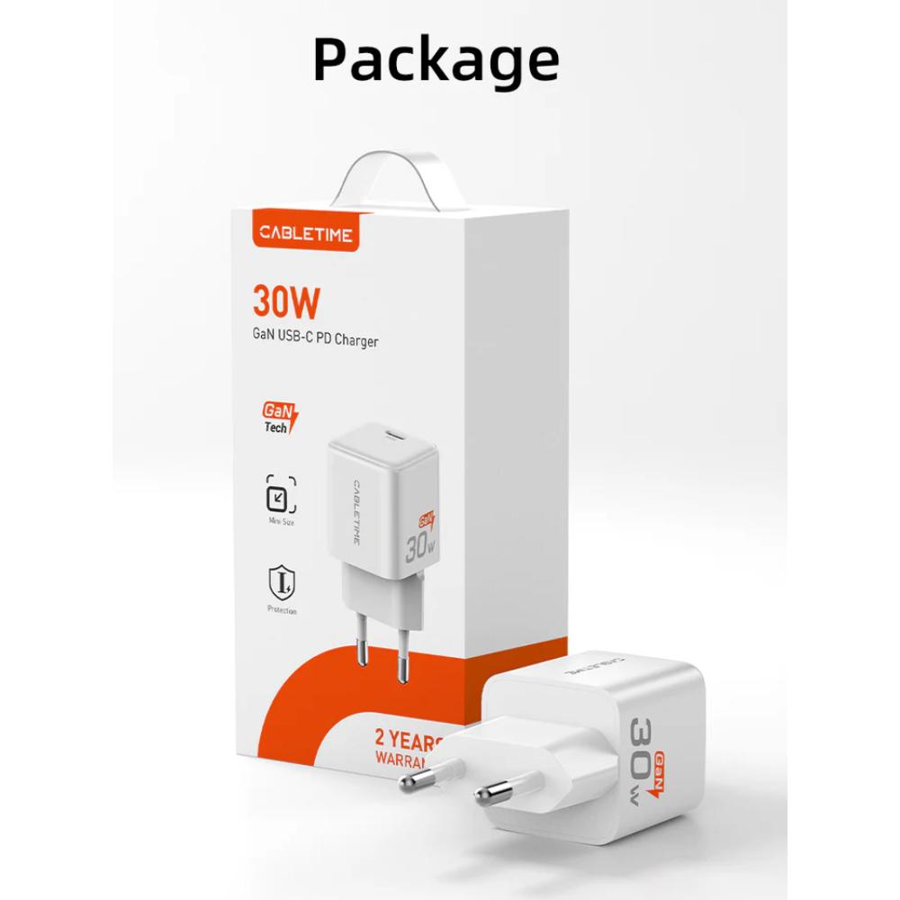 CABLETIME GA30W | 30W USB-C GaN Wall Charger, PD 3.0, EU Plug, Compact Travel Charger
